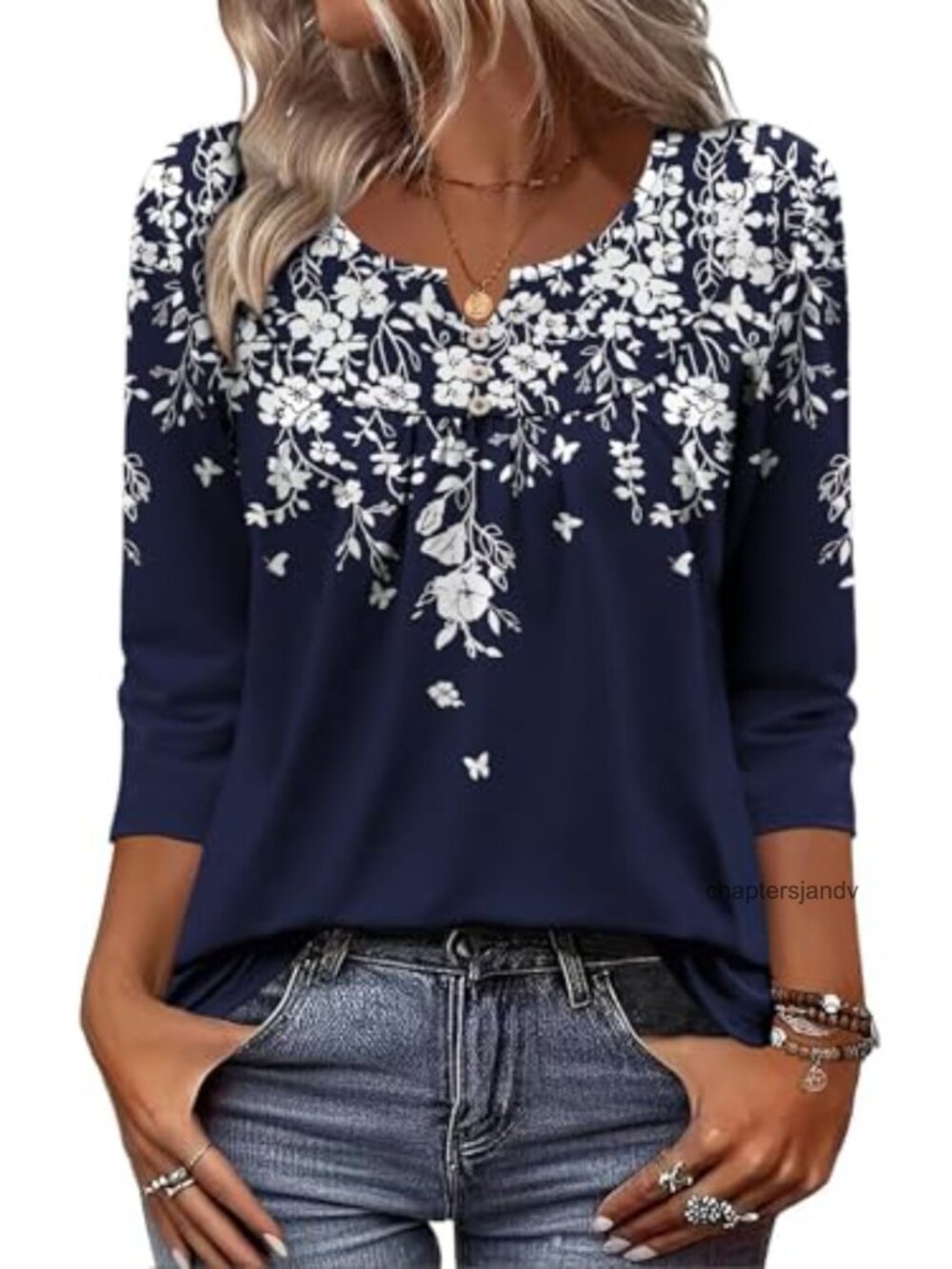 3/4 Sleeve Womens Tunic Tops V Neck Blouse Floral Business Casual